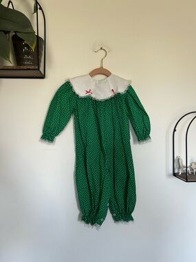 Vintage Bryan Green & White Polka Dot Long Sleeve One Piece Baby Outfit 18 Month